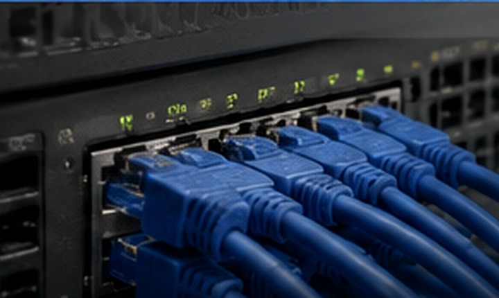 Fotorealistisches Netzwerk-Patchpanel mit blauen Netzwerkkabeln